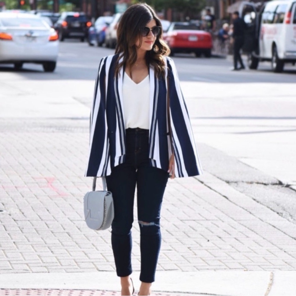 Navy & White Striped Mural Cape Blazer
